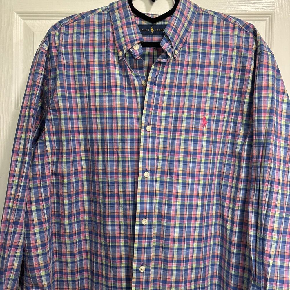 POLO RALPH LAUREN Size XL Mens Sport Shirt Plaid Oxford Cloth Pink Multicolor